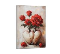 Red Rose Wall Art Romantic Valentine's Day Canvas Painting Vintage Floral with Heart Shaped Vase Classic Oil Painting Wall Decor for Bathroom Living Room And Bedroom 08x12inch(20x30cm)