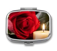 Red Rose with Candlev Pill Case for Travel, Rectangle Metal Pill Organizer with 2 Compartments, Portable Daily Medicine Box for Purse, Wallet