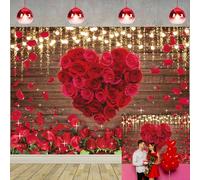 Red Rose Wooden Wall Backdrop Floral Love Hearts Valentines Day Photography Background Bridal Shower Wedding Anniversary Lovers Portraits Props Women Birthday Party Decor Banner (7X5FT (210x150cm))