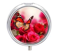 Red Roses and Butterflies Pill Box Medicine Pill Organizer 3 Compartment Daily Pill Case Small Pill Container Round Pill Holder Travel Pill Box Metal Pill Case for Purse Pocket