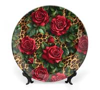 Red Roses and Leopard Bone China Decorative Plate with Display Stand Ceramic Dinner Plates Wall Decor for Home Kitchen 7inch