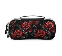 Red Roses And Stars Pencil Case Large Capacity, Small PU Leather Makeup Bag with Zipper & Handle, Portable Pencil Pouch for Office, Cosmetic Storage