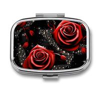 Red Roses and Stars Pill Box, 2 Compartment Medicine Pill Case, Portable Pill Organizer for Pocket Or Purse Decorative Metal Medicine Vitamin Organizer
