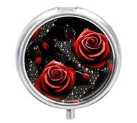 Red Roses and Stars Pill Box Waterproof Portable Medicine Pill Case Moisture Proof Metal Travel Pill Box with 3 Compartment Medicine Case