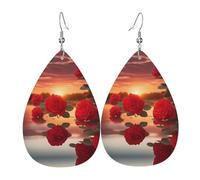 red roses at sunset double-sided printed leather earrings int and shape of water drops, creative, light and novel, bright and vivid colors.
