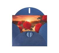 Red Roses At Sunset Horizontal Holiday Card With Blue Heart Shaped Envelope And Write Various Holiday Greetings