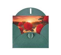 Red Roses At Sunset Horizontal Holiday Card With Dark Green Heart Shaped Envelope And Write Various Holiday Greetings
