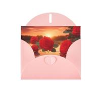 Red Roses At Sunset Horizontal Holiday Card With Pink Heart Shaped Envelope And Write Various Holiday Greetings
