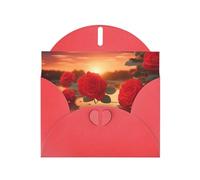 Red Roses At Sunset Horizontal Holiday Card With Red Heart Shaped Envelope And Write Various Holiday Greetings