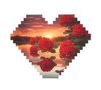 red Roses at Sunset Print Building Brick Block Puzzle - Heart Shaped Picture Puzzles, Wooden Picture Jigsaw Puzzles