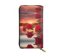 red roses at sunset Printed leather wallet, 7.5 x 4.1-inch long credit card holder, portable travel cash wallet