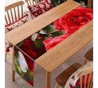 Red Roses Bush in The Garden Linen Table Runner-70.87*12.99 Inch,This Decorative Table Runner is Wrinkle Resistant Table Mat. Embroidered Table Runners As Kitchen Dining and Coffee Tables.