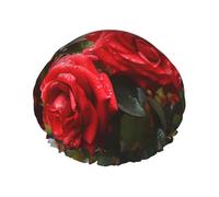 Red Roses Bush in The Garden Shower Cap for Women Double Layers Thick Hair Caps Reusable Waterproof Bath Caps with Elastic Band Hair Hat Washable Shower Hat for Men Women Spa Salon