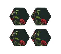 (Red Roses) Drink Coasters Set Of 4 Non-Slip Leather Coasters For Cups Mugs Glasses Tabletop Protection For Home Office Bar