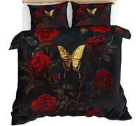 Red Roses Duvet Cover Single Size, Golden Butterfly Bedding Set 3 Piece Bedroom Decor Dark Flowers Quilt Cover Set and 2 Pillow Sham with Zipper Closure 135 x 200cm