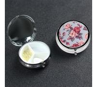 Red Roses Floral Pill Box 3 Compartment Round Portable Pill Case for Pocket or Purse Pill Holder Weekly Pill Organizer Decorative Metal Medicine Vitamin Organizer Travel Gift