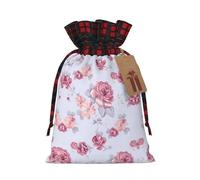 Red Roses Floral Printing Color Matching Plaid Christmas Bag With Drawstring,4.7x6.9 In For Christmas Halloween