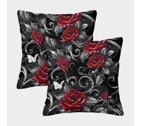 Red Roses-Gothic Floral Design Pillow Covers 2 Pack Cozy Pillowcases Art Cushion Case Zippered Decor Couch Living Room 45x45cm