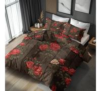 Red Roses King Size Duvet Cover Sets - Wood Grain Farmhouse Rustic Flower Bedding & Bedroom Decor, Super Soft Microfiber Quilt Cover and 2 Pillowcases, with Zip, Reversible Design (m63-R)