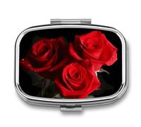 Red Roses Pill Box 2 Compartment, Portable Pill Case with Mirror for Pocket Purse Travel, Mini Metal Medicine Organizer for Vitamins Fish Oil