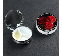 Red Roses Pill Box with Mirror 3 Compartment Decorative Pill Case for Purse or Pocket Small Round Pill Organizer Weekly Metal Medicine Tablet Vitamin Holder Travel Gift