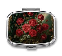 Red Roses Pill Case 2-Compartment Pill Organizer with Mirror- Portable Medicine Container for Purse & Travel, Small Medicine Box for Vitamins, Fish Oil, Supplements