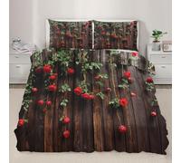 Red Roses Single Duvet Cover Set Soft Microfiber Countryside Greenery Bedding Set 3D Printed Quilt Cover 135 x 200 cm with Zipper Closure and 2 Pillowcases a-92