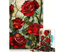 Red Roses Stained Glass 1000 Piece Jigsaw Puzzles for Adults Jigsaw Recall Boost Mental Relax Smooth Cut Birthday Gift (38x52cm)