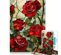 Red Roses Stained Glass 1000 Piece Jigsaws for Adults Puzzle Boost Recall Anxiety Relief Accurate Edge Xmas Surprise (50x75cm)