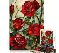 Red Roses Stained Glass 1000 Piece Jigsaws for Adults Puzzle Boost Recall Anxiety Relief Accurate Edge Xmas Surprise (50x75cm)