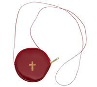 Red Round Burse with Gold-Tone Cross | 3.5" Wide Carrier for Holy Communion | Includes Long Neck Cord and Secure Zipper | Catholic Pyx Pouch for Home & Hospital Visits