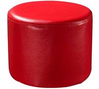 Red Round Leather Pouf Ottoman - Solid Wood Footstool for Living Room Coffee Table & Small Bench (Size: 29x29x30cm / 11x11x12inch) - Stylish Home Decor