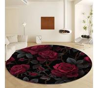 Red Round Rug Diameter 100 cm Short Pile Non Slip Round Carpet, Romantic Theme Roses Machine Washable Soft Faux Wool Rugs - Easy Care for Bedroom Living Room Nursery Entryway