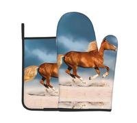 Red Runing Horse Printed Insulated Oven Mitts for Grilling, Steaming, and Cooking - 20.5 * 20.5cm with Hanging Storage