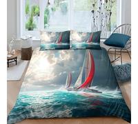 Red Sailboat Duvet Cover Double Nautical Style Bedding Set 3D Print Soft Microfiber Quilt Covers 200x200 cm with Zipper Closure and 2 Pillowcases 50x75 cm for Adults L.6142