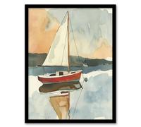 Red Sailboat in Tranquil Sea Harbour Watercolour Framed Art Print Artery8 Blue A4