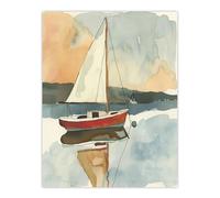 Red Sailboat in Tranquil Sea Harbour Watercolour Wall Art Print Artery8 Blue W24 inch x H32 inch