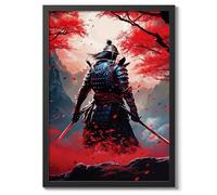 Red Samurai Anime Poster, Japanese Art Print, Manga Style Samurai Poster, Bedroom Wall Art, A2 (Black Frame) - 62.5x45.1cm