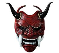 (Red) Samurai Hannya Oni Latex Cosplay Mask Japanese Scary Monster Kabuki Samurai Demon Headgear Halloween Masquerade Party Costume Props