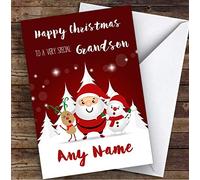 Red Santa Snowman Special Grandson Personalised Christmas Card - Special Relative Personalised Christmas Card, Adult Christmas Card