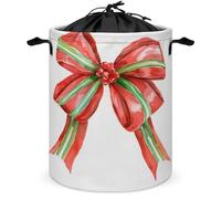 Red Satin Christmas Bow with Green Stripes Laundry Basket Laundry Hamper Round Collapsible Drawstring Clothes Hamper for Bedroom Bathroom