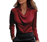 Red Satin Top Satin Silk Blouses for Women UK Elegant Cowl Neck Long Sleeve Shirts Trendy Solid Color Tunic Blouse Casual Ruched Front Draped Tops Formal Office Work Wear