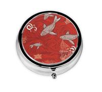 Red sea Animal Pill Box Metal Round Small Pill Case Cute 3 Compartment Pill Organizer Portable Travel Pillbox Mini Pill Container Holder for Daily Medicine Supplement Vitamin