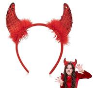 Red Sequin Devil Horns Fancy Dress Accessory - Devil Costume Headband With Black Fluffy Feathers, Fun Costume Accessories for Women Halloween Parties