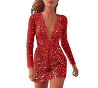 Red Sequin Dress Woman | Red Glitter Dress Long Sleeve Sparkly Dress Deep V Neck Evening Dresses Sexy Party Dress Long Sleeved Cocktail Dresses Solid Color Wrap Dress Mini Dress Short Skirt Dress