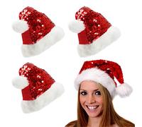 Red Sequin Santa Hat Christmas - Red Sequin-Dotted Santa Hat with a Fluffy Base and Pom-Pom Tip - Perfect For Family Xmas Events & Fancy Dress - 3 Pack