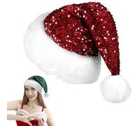 Red Sequined Santa Hat - Shiny Unisex Soft Plush Deluxe Xmas Santa Claus Velvet Comfy for Fancy Dress, Christmas New Year Party, Xmas Tree Decorations Adults