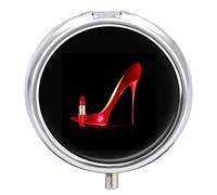 Red Shoe High Heel Lipstick On Black Iron Pill Box Case Organizer with Internal Separate Plastic Dividers, Travel Small Medicine Bag Holder Carrier Round Container