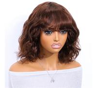 Red Short Wavy Bob Wigs With Bangs Human Hair Glueless Full Machine Made Wigs For Women