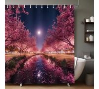 Red Shower Curtain 200 x 200 cm Night view of cherry blossoms in the park Bathroom Shower Curtain with 12 Hooks, Waterproof Decorative Bath Curtain for Home, Dormitory & Hotel
